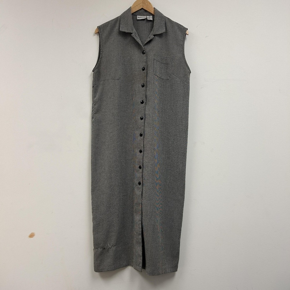 Vintage Apparenza Dress Womens PM Gray Houndstooth Sleeveless Button Shirt Midi